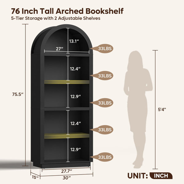 5-Tier Arched Bookshelf 76"