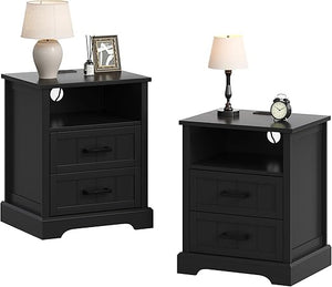 Farmhouse Nightstand Set of 2 with Charging Station & 2 Drawers