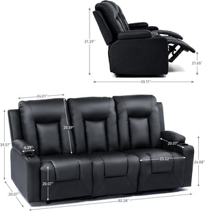 Black Faux Leather Recliner Sofa Set with Cup Holders