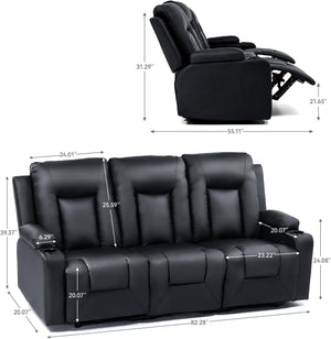 Black Faux Leather Recliner Sofa Set with Cup Holders