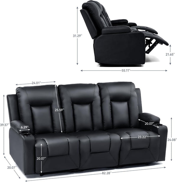 Black Faux Leather Recliner Sofa Set with Cup Holders