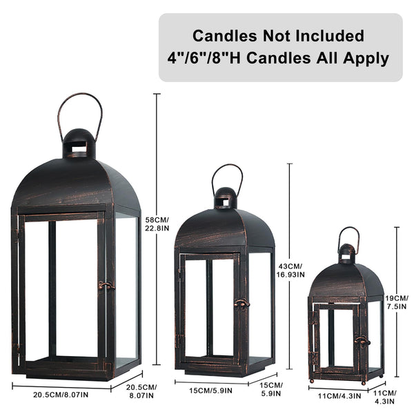Decorative Candle Lanterns Set of 3 – Large Metal & Glass Outdoor Indoor Lanterns
