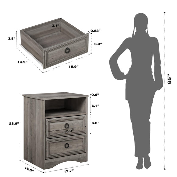 2-Drawer Wood Nightstand with Open Compartment