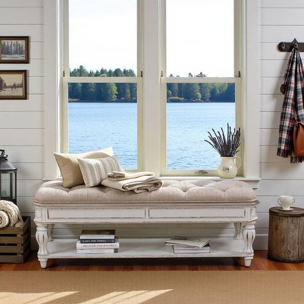 Upholstered Bedroom Bench with Storage Shelf