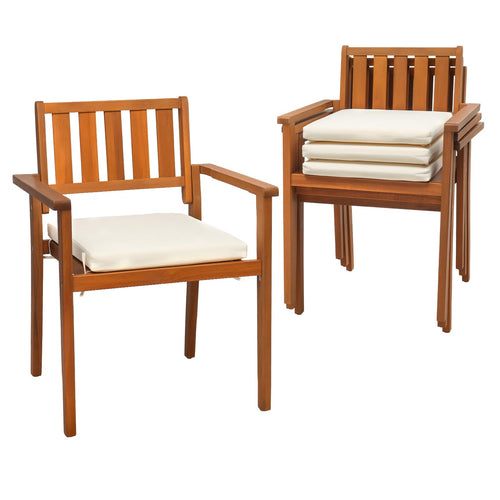 Stackable Acacia Wood Outdoor Dining Chairs with Cushions & Armrests – 4 Pack