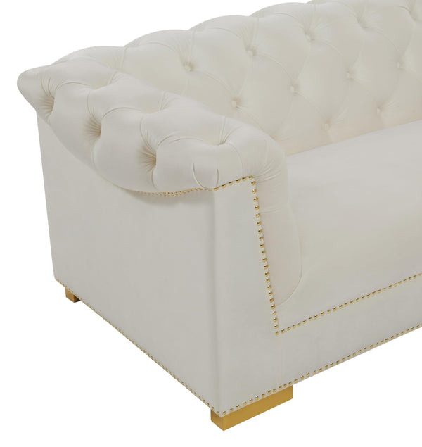 Velvet Button-Tufted Sofa with Gold Nailhead Detail & Steel Legs