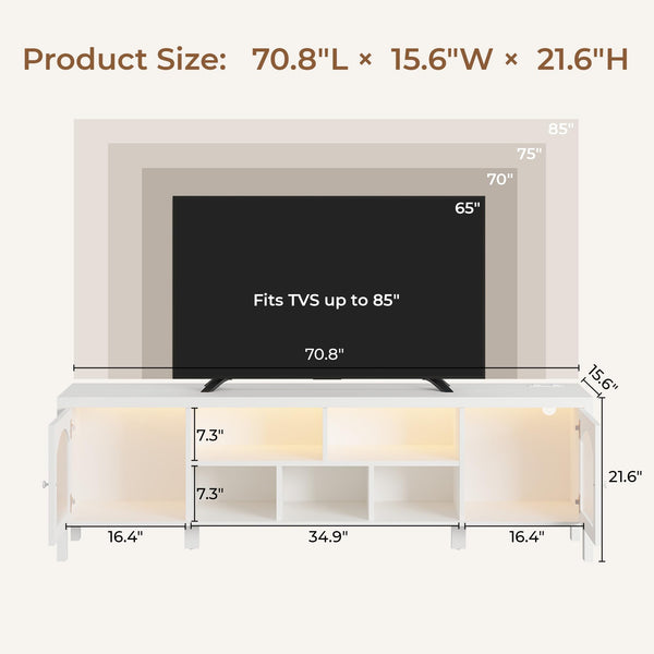 TV Stand with LED Light & Power Outlet, Arched Glass Doors
