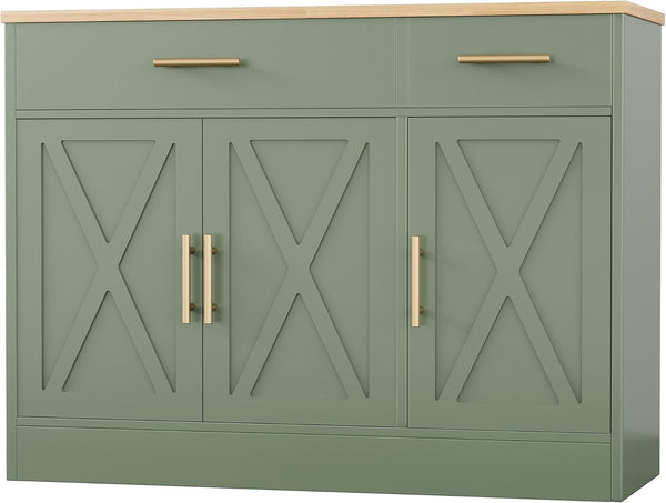 Farmhouse Sideboard Buffet Cabinet with Storage – 3 Barn Doors, 2 Drawers