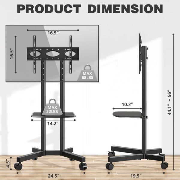 Rolling TV Stand with Wheels | Height Adjustable | Fits 32–75" TVs