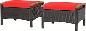 Outdoor Wicker Ottoman Set – 2 Piece Patio Rattan Footrest with Cushions