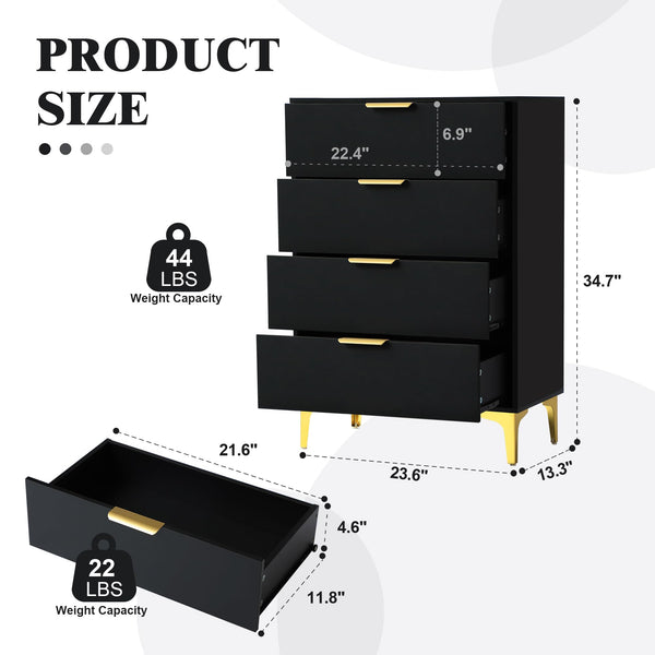 4-Drawer Bedroom Dresser with Gold Metal Handles