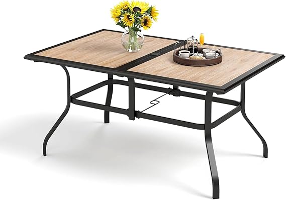Outdoor Rectangular Dining Table with Metal Frame & Umbrella Hole