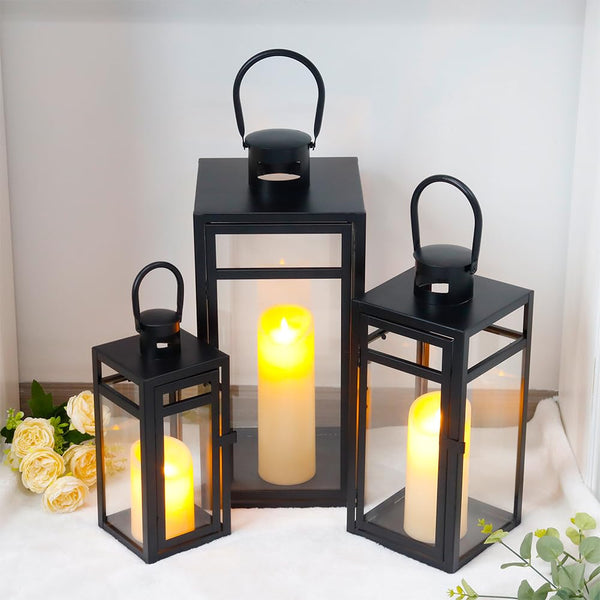 Metal Lantern Set of 3 – Assorted Sizes with Glass Panels
