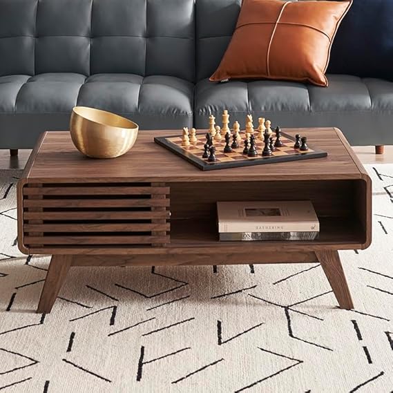 Mid-Century Fluted Coffee Table with 4-Compartment Storage & Tapered Legs