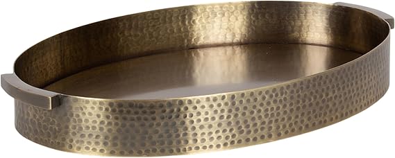 Oval Hammered Metal Decorative Serving Tray with Handles