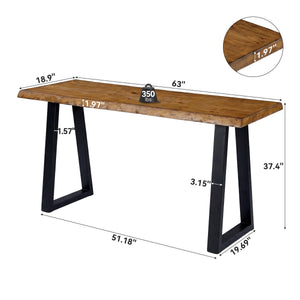 63-Inch Solid Pine Wood Bar Table with Live Edge and Metal Legs