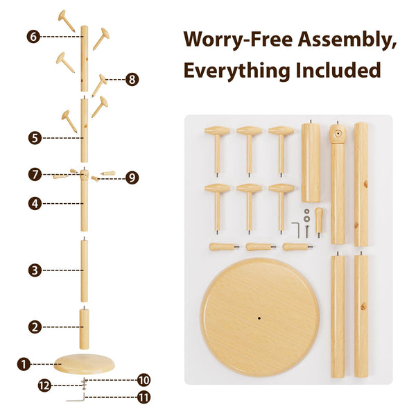 Solid Wood Freestanding Coat Rack with 10 Hooks