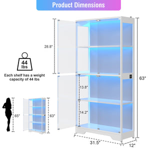 Glass Display Cabinet with LED Lights, 4-Tier Curio Cabinet, 63" Tall