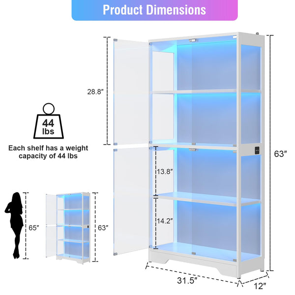 Glass Display Cabinet with LED Lights, 4-Tier Curio Cabinet, 63" Tall