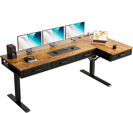 L-Shaped Electric Standing Desk with Drawers & Power Outlets