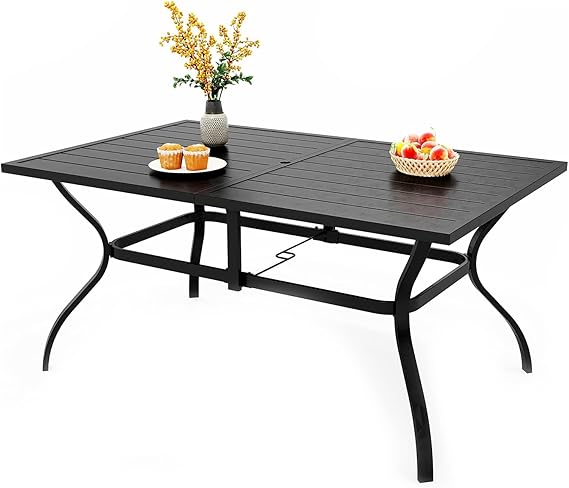 Outdoor Rectangular Dining Table with Metal Frame & Umbrella Hole