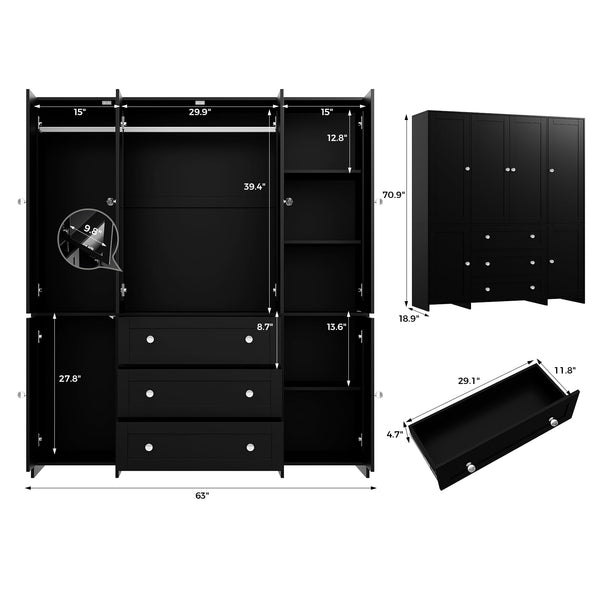 Armoire Wardrobe Closet with Mirror, Drawers & Hanging Rod