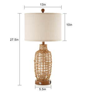 Rattan Table Lamps Set of 2 with USB Port & Dimmable Touch Control