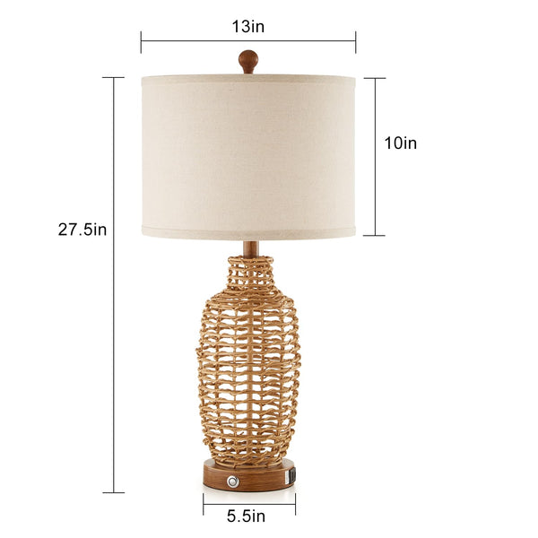 Rattan Table Lamps Set of 2 with USB Port & Dimmable Touch Control