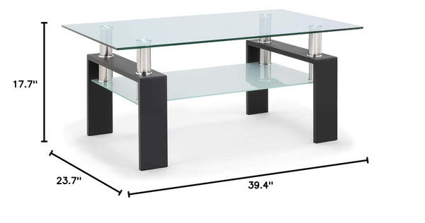 Rectangle Glass Coffee Table with Lower Shelf & Black Metal Legs