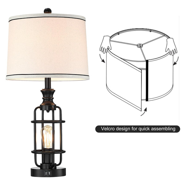Farmhouse Table Lamp Set of 2 with USB Charging Ports & Rotary Switch
