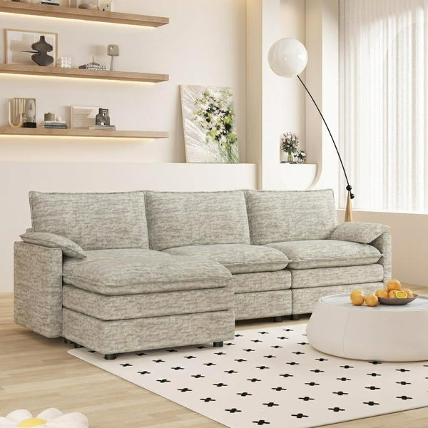 Modular Sectional Sofa with Ottoman – L-Shaped Cloud Couch, Deep Seat, Chenille Fabric