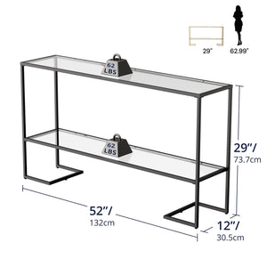 52" 2-Tier Console Table with Tempered Glass Shelves & Metal Frame