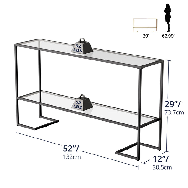 52" 2-Tier Console Table with Tempered Glass Shelves & Metal Frame