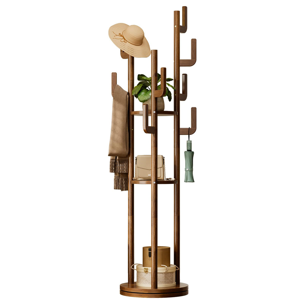 360° Rotating Freestanding Coat Rack with 9 Hooks & 3 Shelves – Solid Rubberwood Hall Tree
