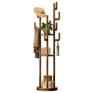 360° Rotating Freestanding Coat Rack with 9 Hooks & 3 Shelves – Solid Rubberwood Hall Tree