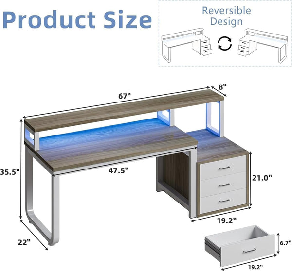 67-Inch Home Office Desk with Drawers and LED Lights