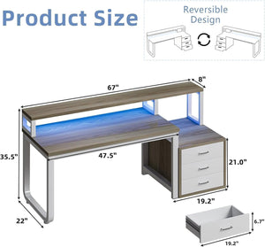67-Inch Home Office Desk with Drawers, LED Lights & Monitor Stand