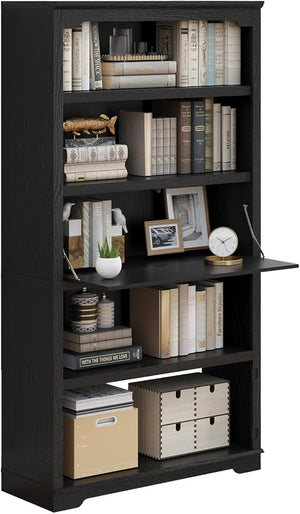 71-Inch 5-Tier Bookcase with Flip-Down Door, 37" Wide