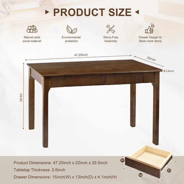 Mid-Century Modern Solid Wood Writing Desk with 2 Drawers