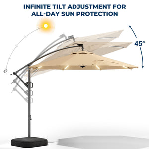 10 ft Offset Patio Umbrella with Solar LED Lights & Base