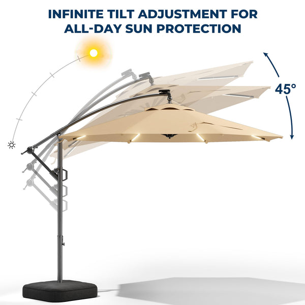 10 ft Offset Patio Umbrella with Solar LED Lights & Base