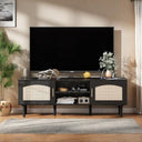 Fluted TV Stand with Rattan Doors, Wood Legs & Gold Handles