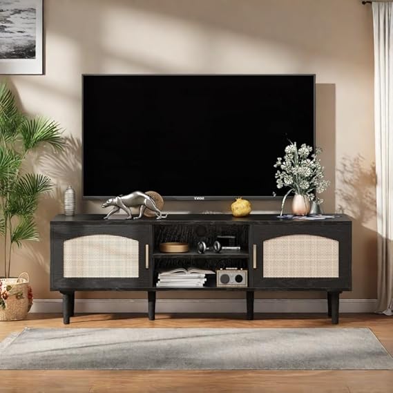 Fluted TV Stand with Rattan Doors, Wood Legs & Gold Handles