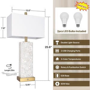 Marble Nightstand Lamps Set of 2 with USB Ports & 3-Color Temperature LED