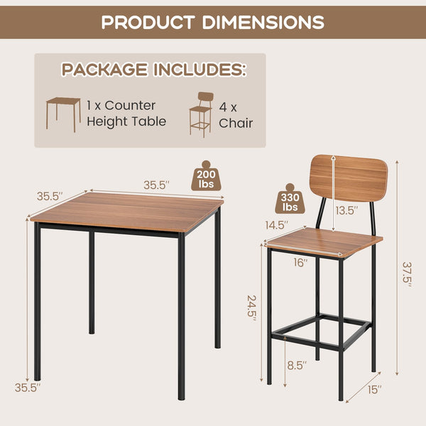 5-Piece Counter Height Dining Table Set with 4 Bar Stools