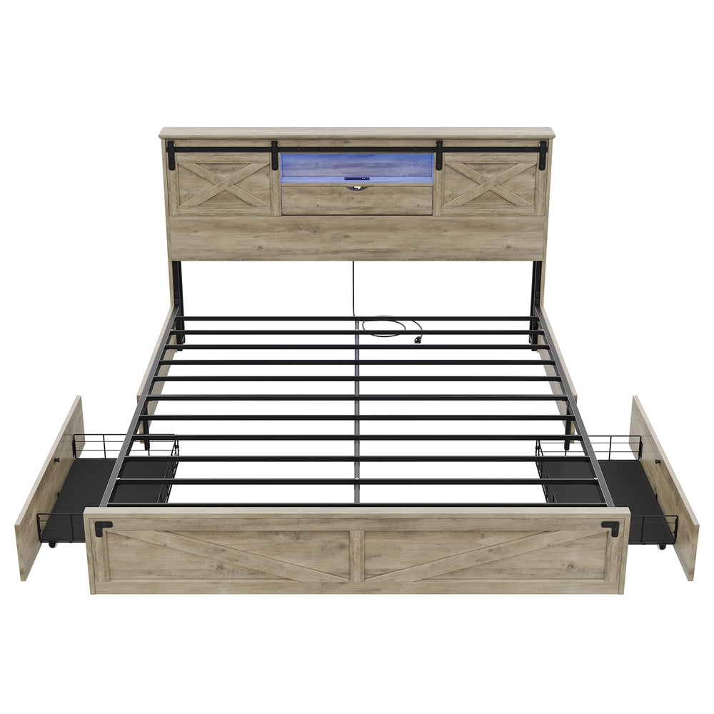 Farmhouse Bed Frame with Storage Headboard, LED Lights & Charging Station