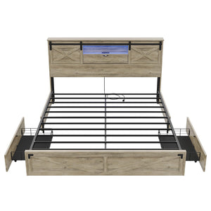 Farmhouse Bed Frame with Storage Headboard, LED Lights & Charging Station
