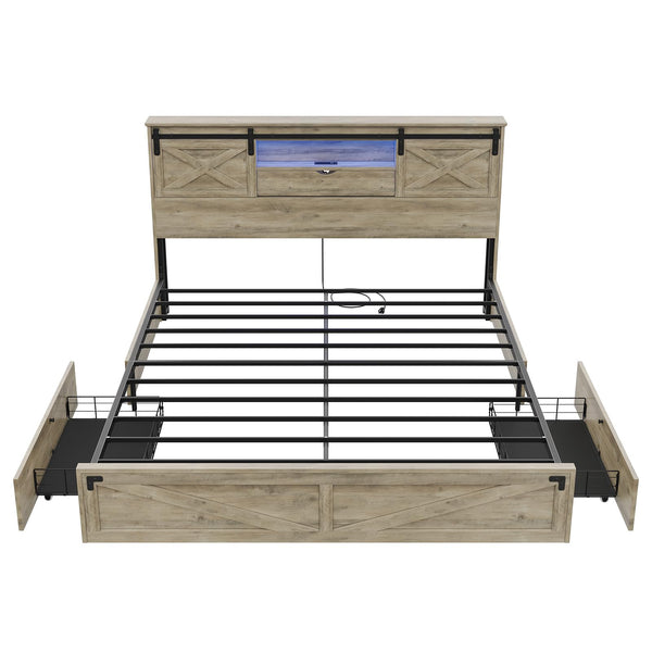 Farmhouse Bed Frame with Storage Headboard, LED Lights & Charging Station