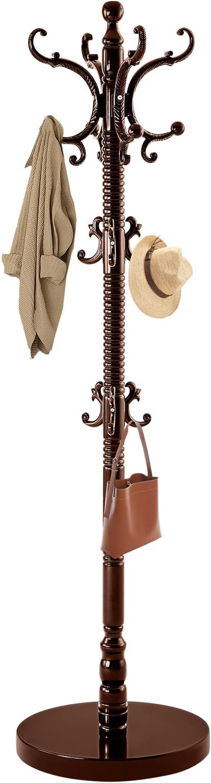 Freestanding Wooden Coat Rack with 14 Hooks