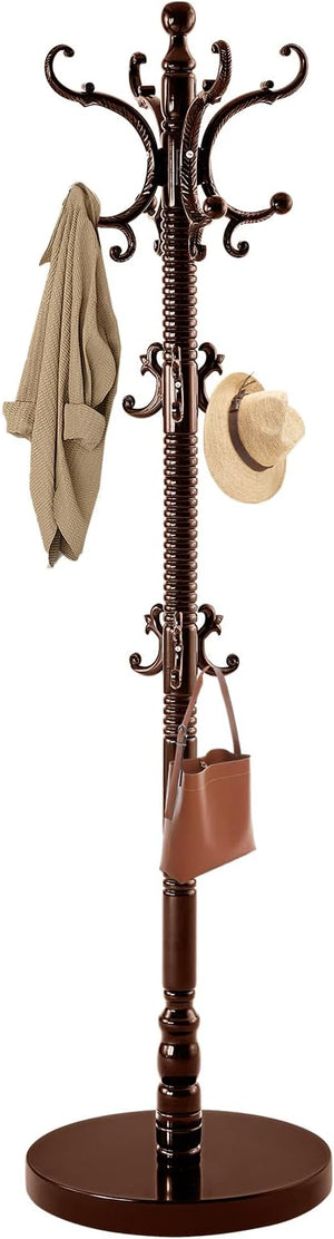 Freestanding Wooden Coat Rack with 14 Hooks
